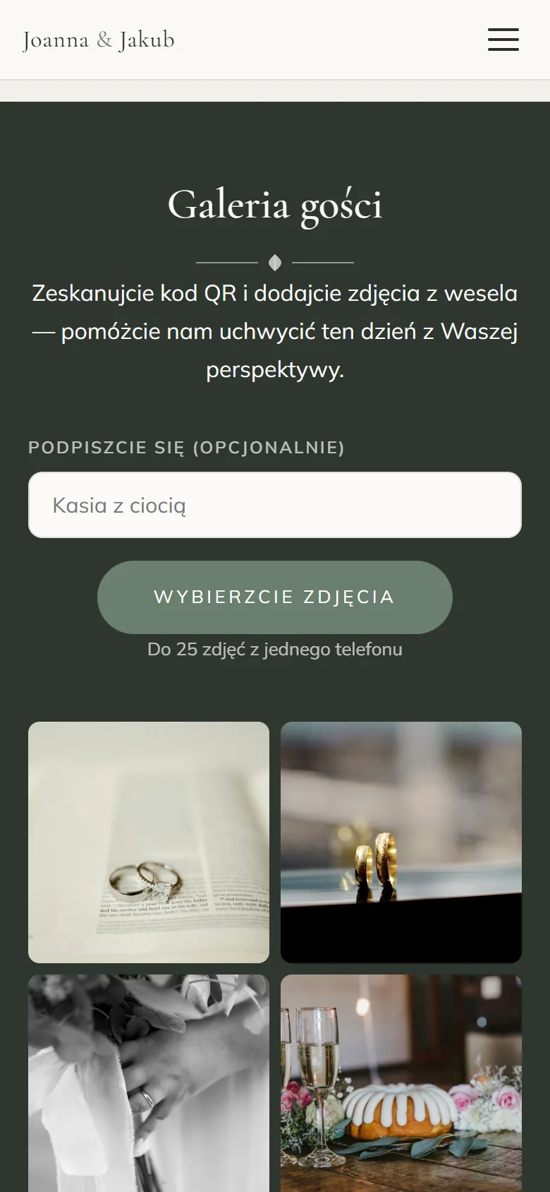 Galeria gości na telefonie: przycisk wysyłania zdjęć i zdjęcia z wesela wrzucone przez gości